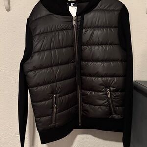 J. Society Black Puffer Hooded Jacket with ribbed cotton sleeves NWT Large